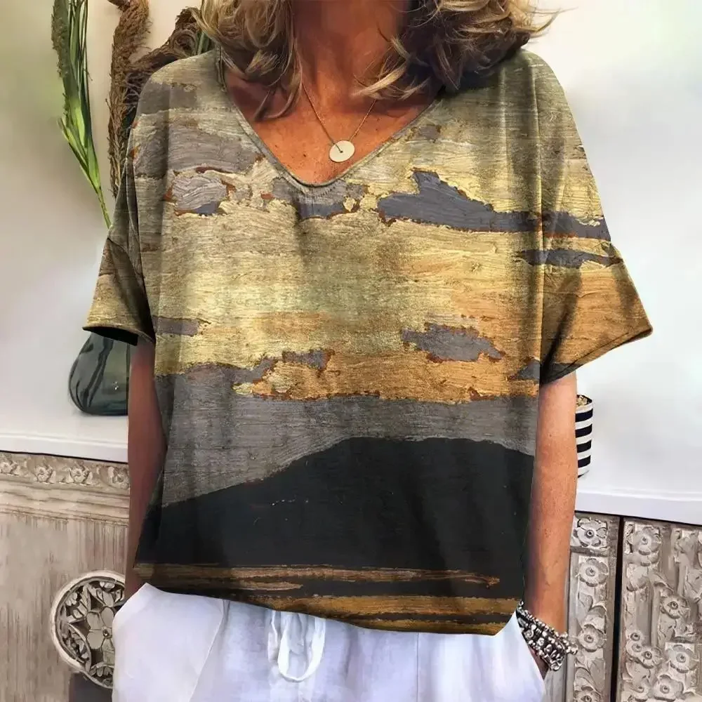 Summer Plaid VNeck T Shirt for Women Casual Sweatshirt New Tees Harajuku Plus Size Loose Short Sleeve Blouse Fashion Female Tops