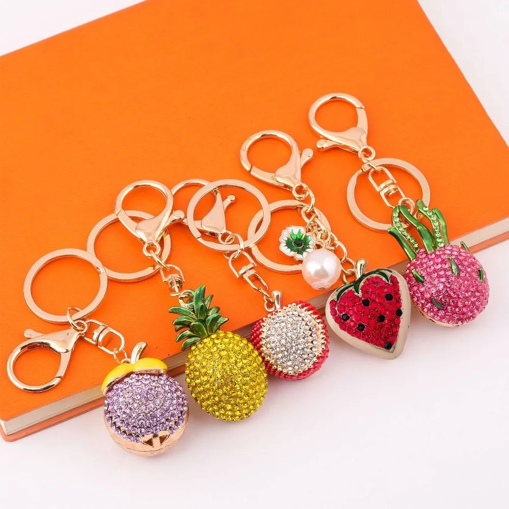 New Cartoon Fruit Bag Pendant Keychain Enamel Full Diamond Metal Key Rings Heart Shape Bag Charms Jewelry