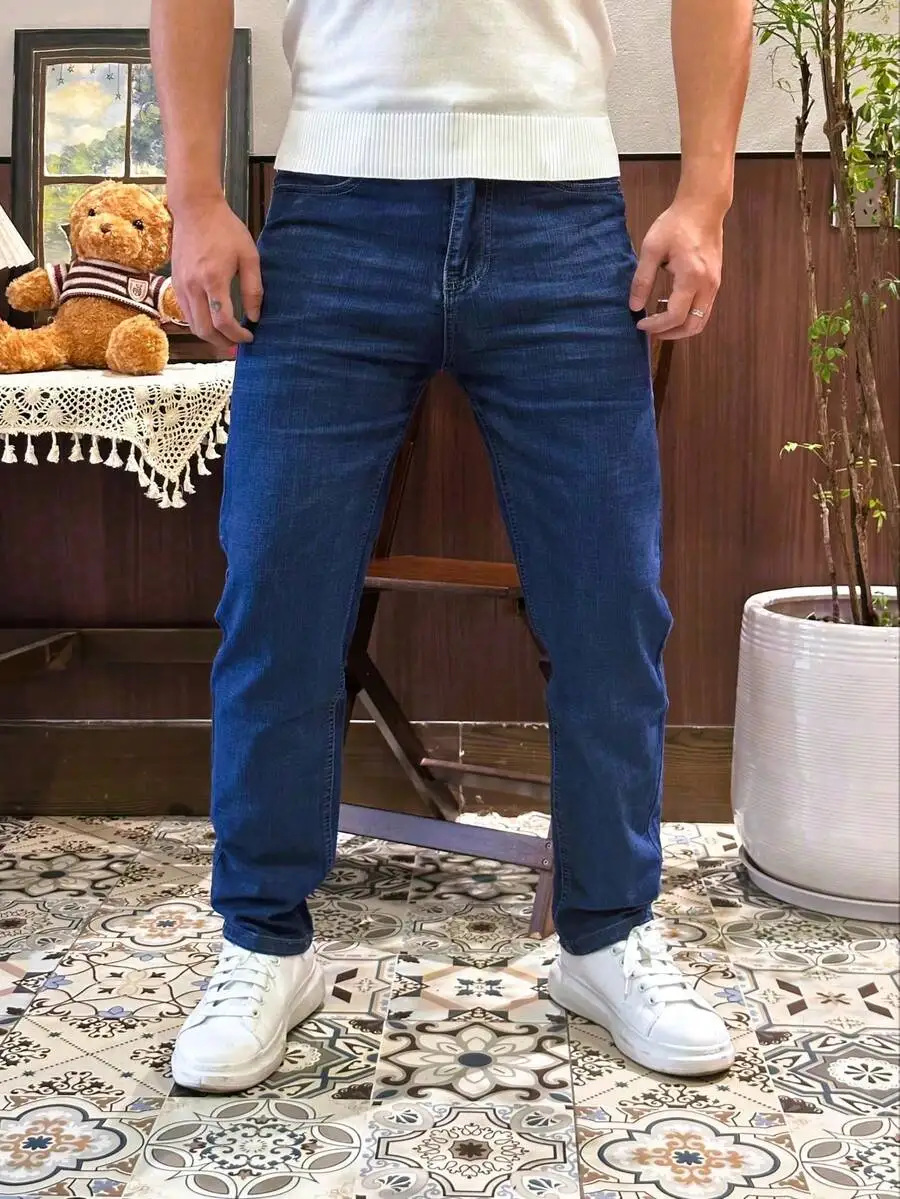 

Mens Stretch Cotton Straight Leg Jeans Mid Rise Dark Blue Solid Color Casual Workwear