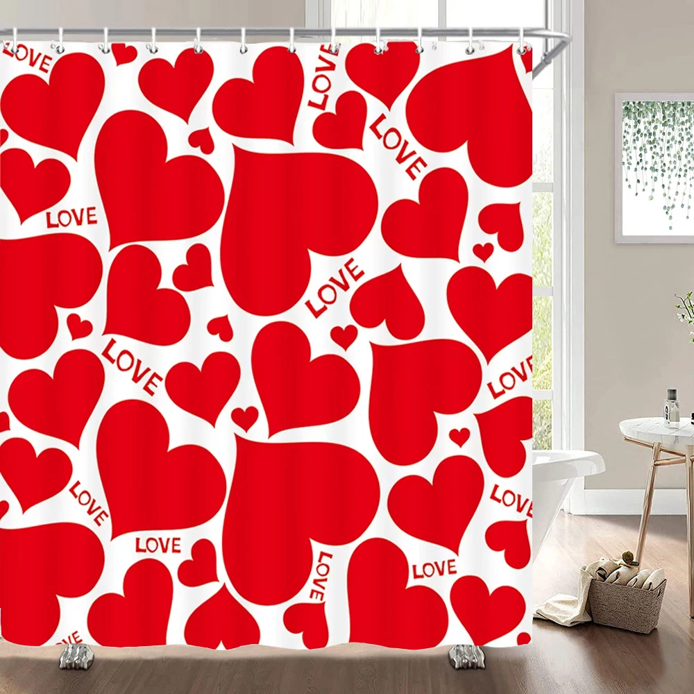 

Pink Love kiss Printed Shower Curtains Rose Flowers Valentine's Day Waterproof Fabric Bath Curtain for Bathroom Decor with Hooks