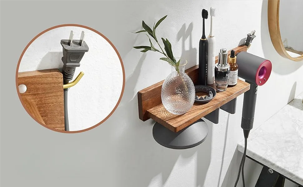 Hair dryer stand Black walnut solid wood hair dryer stand Storage stand Perforation-free air dryer gadgets for home wall shelf