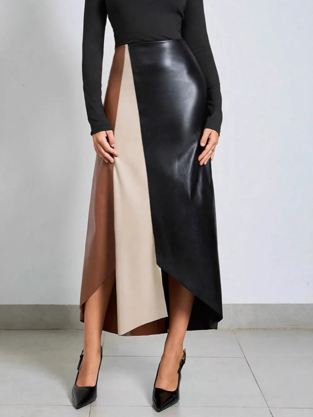 High Waist PU Leather Skirt Color Block Bodycon Long Skirt Women's Citywalk Fashion High Waist Patchwork Multicolor Skirt