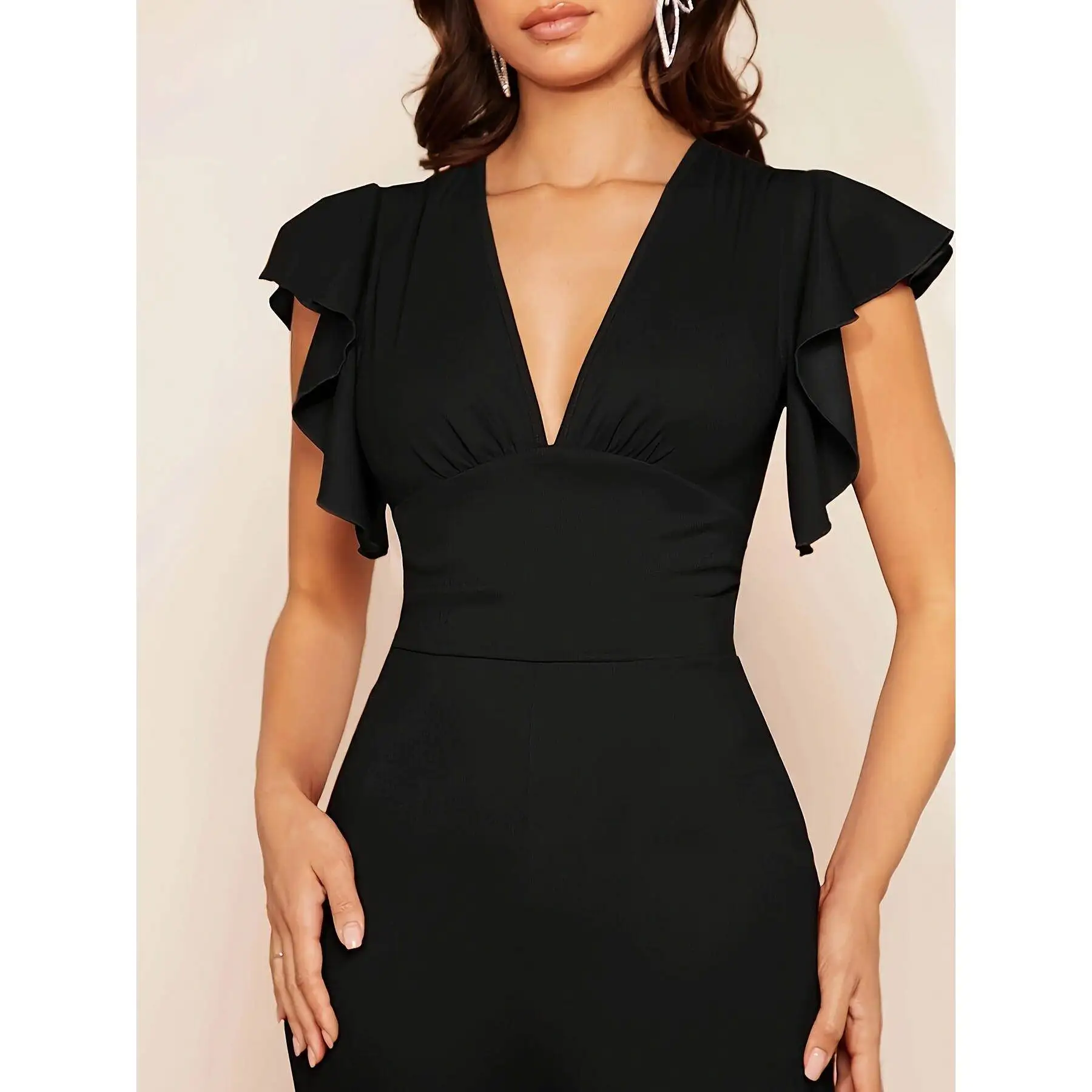

Flounce Design Jumpsuit Low Waist Five-Quarter Length One-Piece Suit Elegant Gathered Hemline Women's Fashion Spring Collection