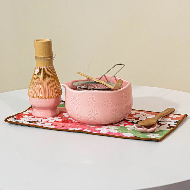 Japanese Matcha Tea Ceremony Kit, Cherry Blossom (Sakura) Themed with Spouted Cup, Chasen Whisk, and Elegant Gift Box