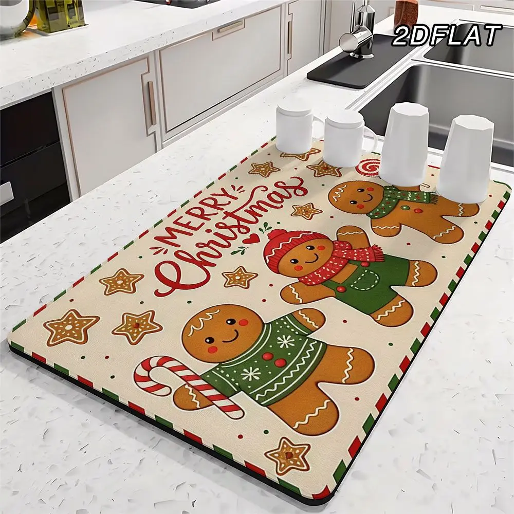 Kitchen Floor Mat 2D Flat Gingerbread Man Printed Rug Super Absorbent Drainage Carpet Non Slip Cushion Entrance Runner