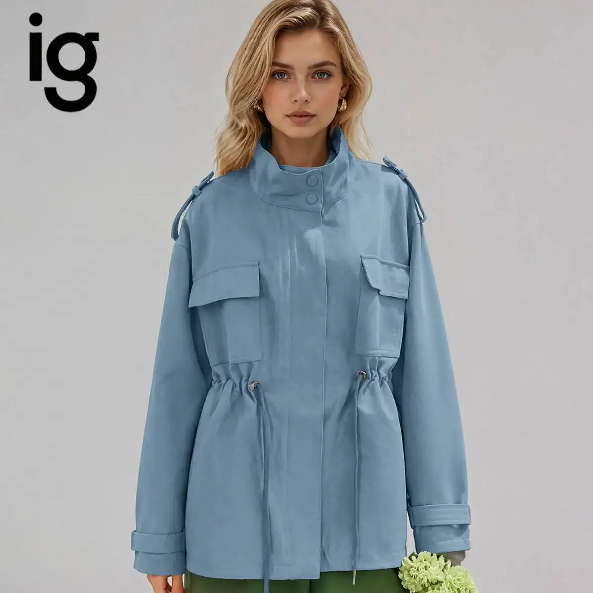 IG 2026 Women's Stand Collar Utility Cargo Jacket, Epaulet Detail Drawstring Waist Two Flap Pockets Adjustable Cuff Casual  Coat
