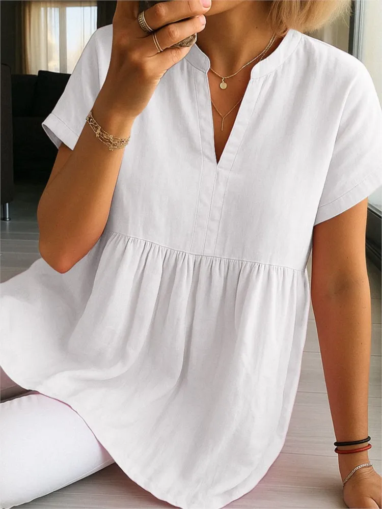 

Casual White Shirt Top Women Fashion Office Short Sleeve V Neck Shirts Tops Lady Elegant Loose Holiday Womens Clothing Summer