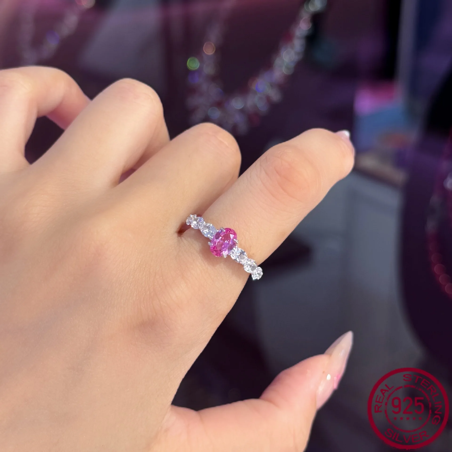 

New S925 pure silver simple temperament classic 1ct cultivated gemstone egg face 5 * 7 ring wedding jewelry