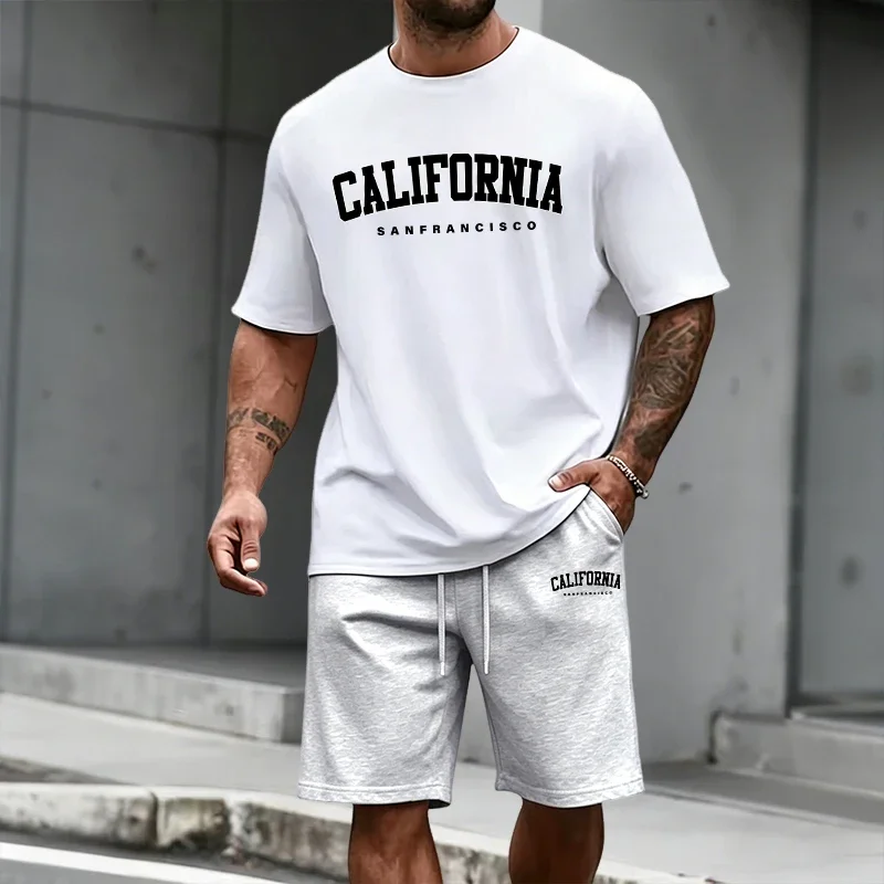 

California Fashion Men's Set O-neck Cotton T-shirt and Casual Shorts Summer Urban Fashion Short Sleeve Cool Outfits Home Outdoor