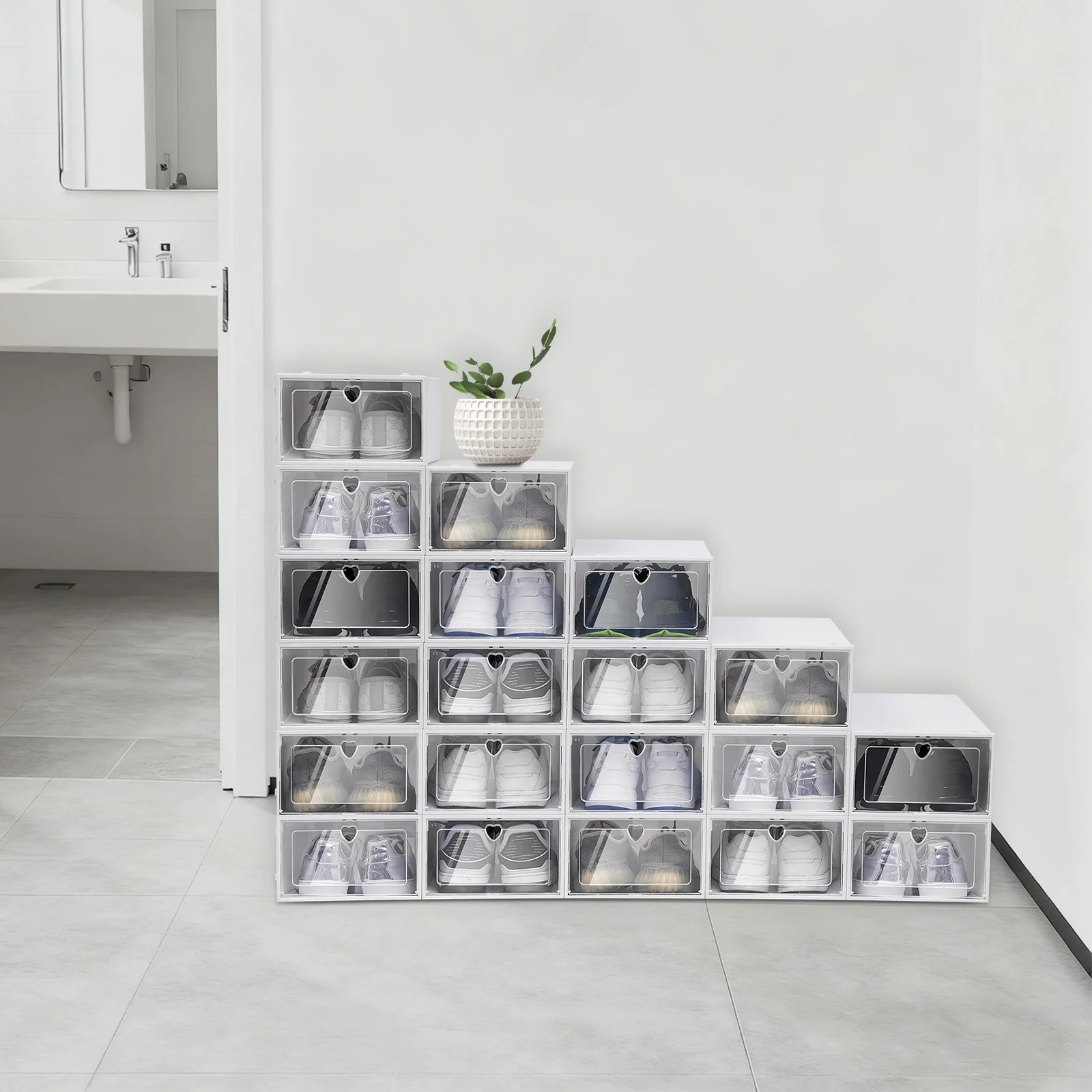 20 Pcs Stackable Shoe Organizer, Clear Plastic Shoe Boxes with Lids, Storage Boxes for Closet Bedroom Entryway Organization