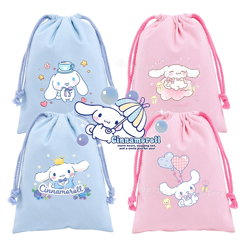 Cinnamoroll 소녀 Drawstring 가방 Sanrio 귀여운 애니메이션 인쇄 휴대용 어린이 Kawaii 생일 파티 캔디 보관 핸드 포켓 선물 주머니