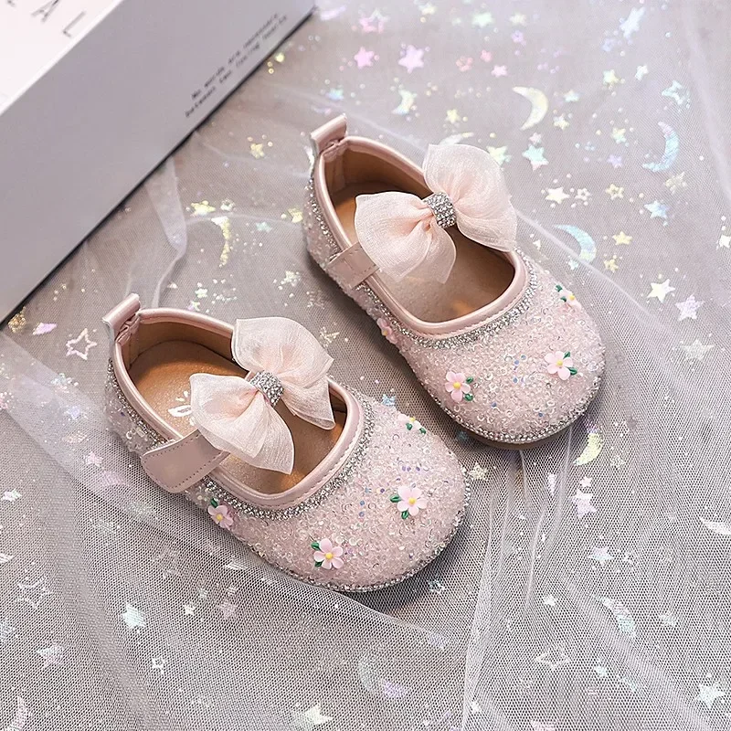 

Toddler Girls Walking Shoes Shiny Sequins Big Lace Bows Kids Flats Round Toes 2025 New Fashion Baby Princess Shoes Size 16-26