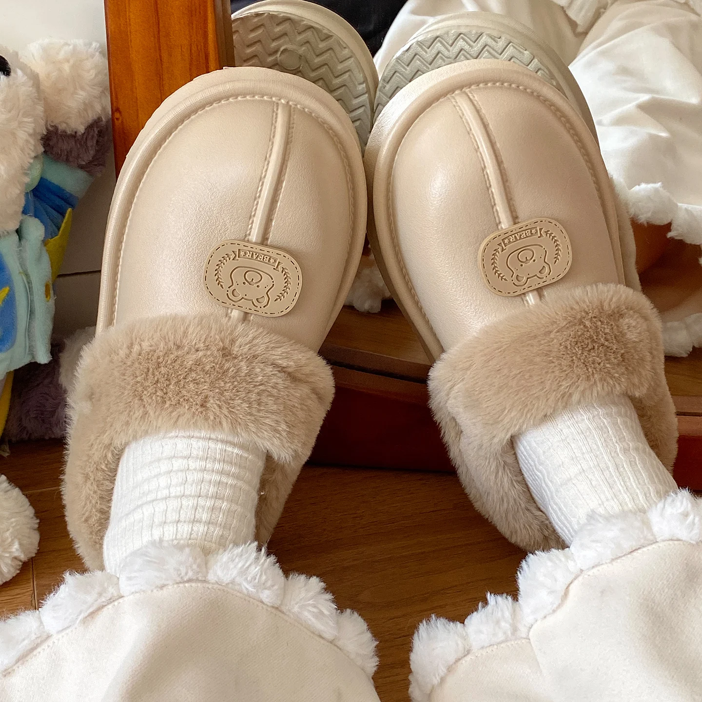 الخريف والشتاء ملابس خارجية غير رسمية خفيفة الوزن شقة سوليد نعال من القطن للنساء المنزل داخلي الصوف مبطن نعال من القطن الدافئ #6