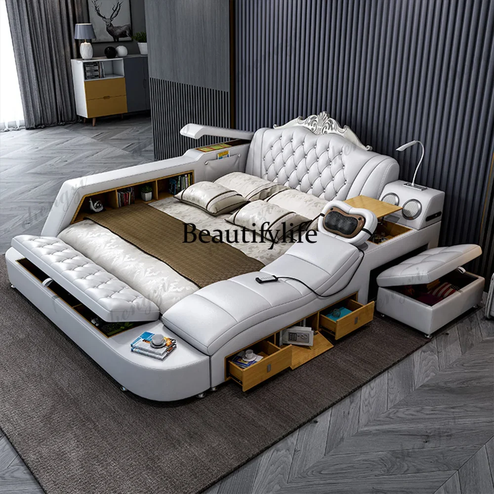 M178 Ultimate Bed Frame Tech Smart Multifunctional Bed with Genuine Leather, Massage, USB, Bluetooth Speaker, Tatami & Safe