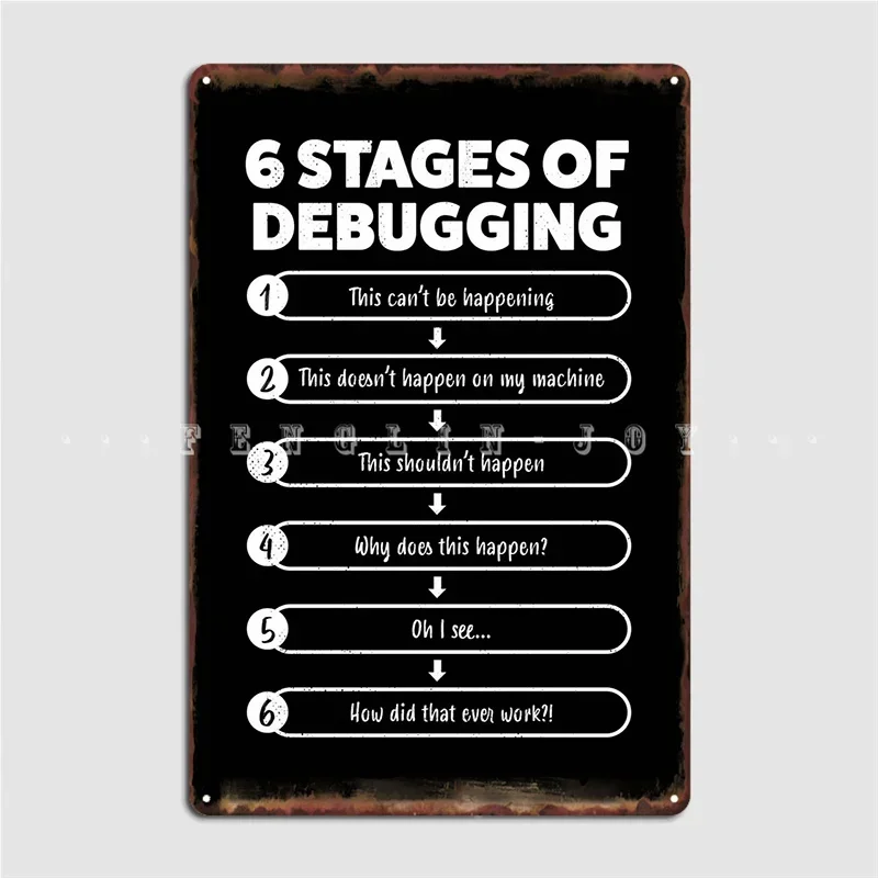 6 Stages Of Debugging Gift Metal Plaque Poster Plates Party Wall Pub Create Tin Sign Poster