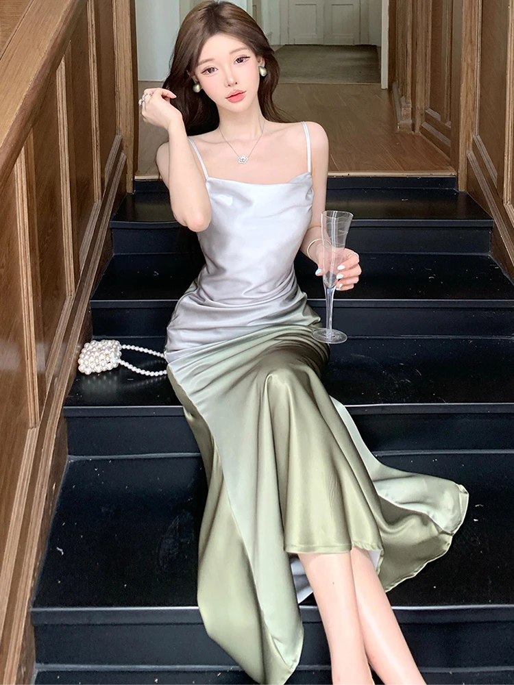 韓国ヴィンテージ風ラグジュアリーフェスティバルドレス、サマーグラデーショングリーンアセテートサテン スリングドレス、2025年エレガントボディコンダンスプロムドレス