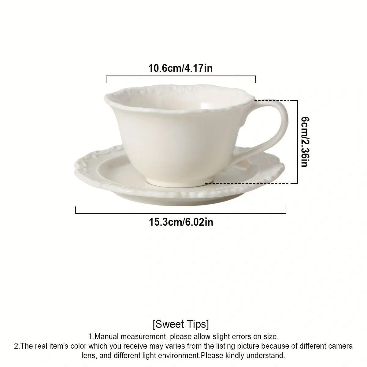 Coffee Cups Saucer Set, Embossed Ceramic Vintage Latte Mug, 220ml/7oz White Porcelain Elegant Tea Cup for Milk Black Tea Mugs
