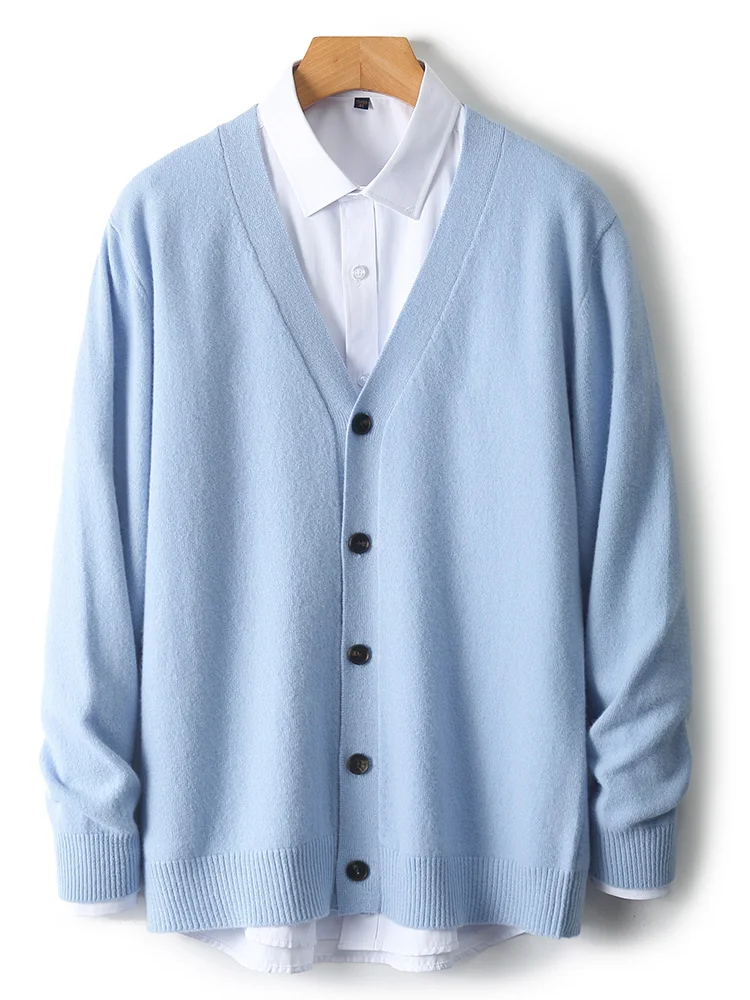 Men's Autumn Winter 100% Merino Wool Knitted Sweater V-Neck Casual Loose Cardigan Warm Comfortable Solid Basic Clothing Tops