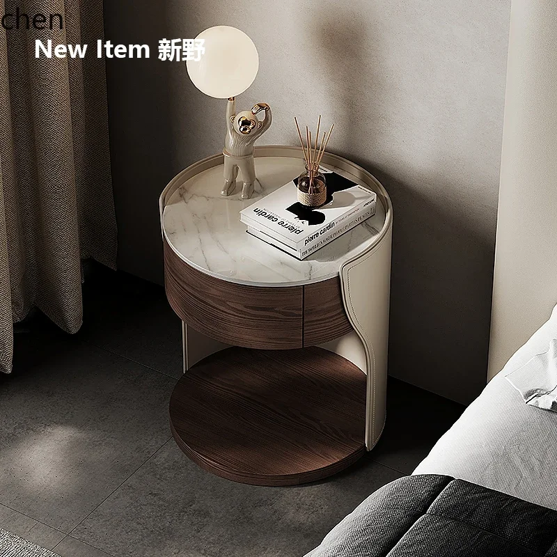 Round Bedside Table with Semi-Enclosed Design, Simple Small Cabinet, Storage Cabinet