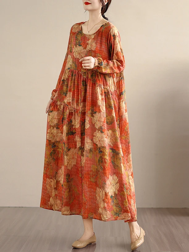 Retro Print Lin Long Sve Dames Dr Loose Grote Maat Afslanken Casual Volledige Rok Katoen Lin Long Dr Herfst Faion