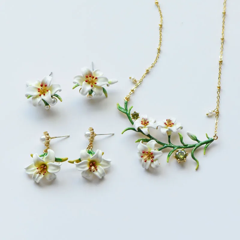 

Sweet Elegant Temperament Forest Style Lily Flower Earrings Necklace Bracelet Hand Painted Enamel Glaze Flower Trendy Jewelry