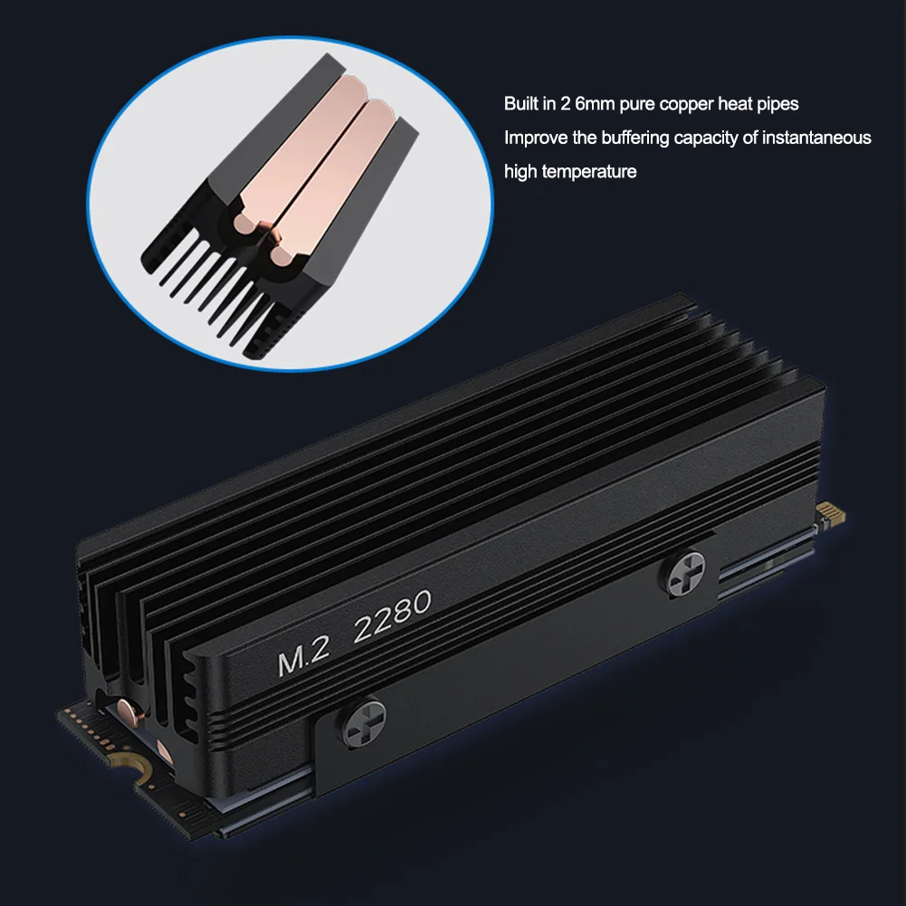 ฮีทซิงค์ M.2 SSD พร้อมแผ่นซิลิโคนระบายความร้อน ท่อระบายความร้อนทองแดง 2 เส้น สำหรับ M.2 NVMe 2280 SSD