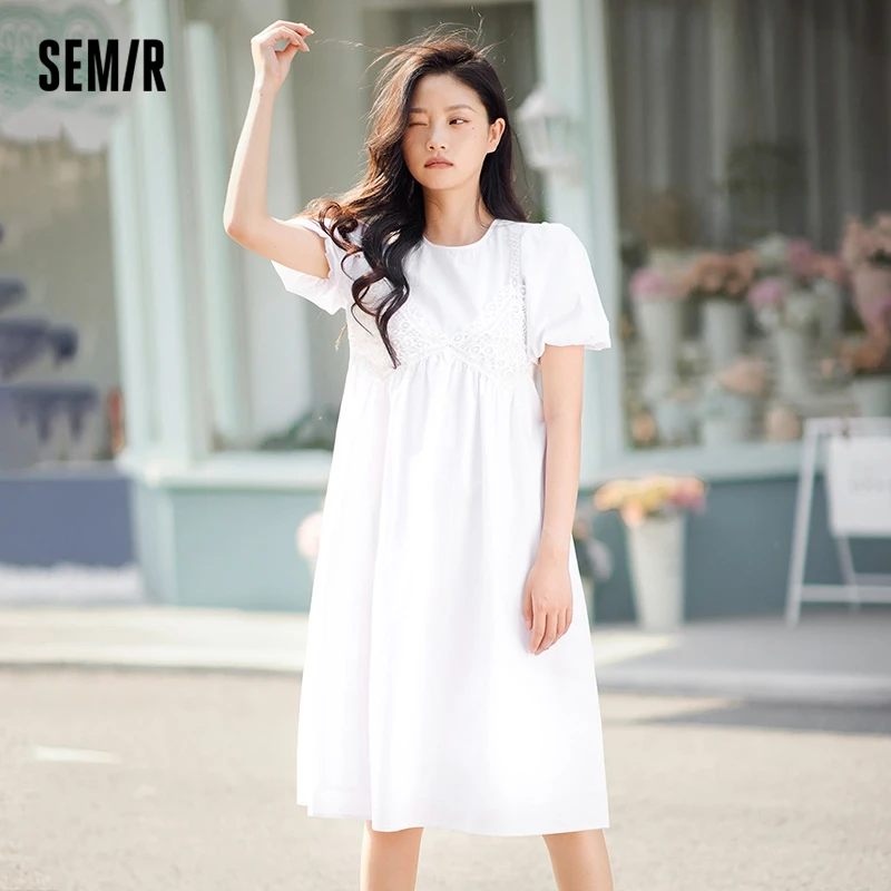 Semir Women Dress Stitching Fake Two Pieces White Bubble Sleeves 2023 Summer New Loose Cut-Out Dress Temperament