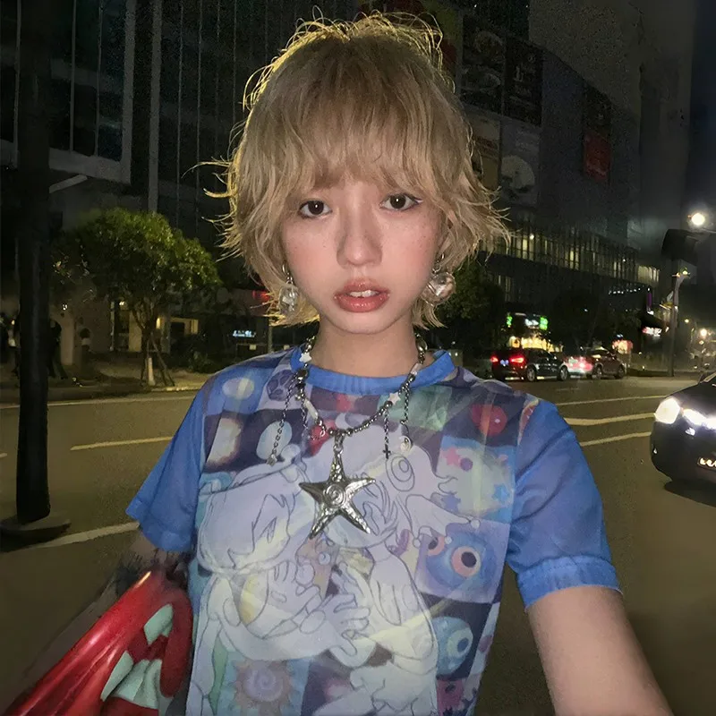 Karrram Japanese Y2k Anime Print T-shirt 2000s Harajuku Short Sleeve Mesh Top Vintage Aesthetics Dreamcore Blue Sheer Top E-girl