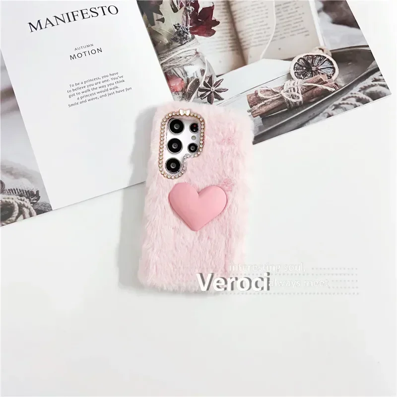 Custodia per telefono in pelliccia soffice con cuore d'amore 3D per Samsung galaxy S8 S9 S10 Plus S10E Note 8 9 10 Lite Cover morbida colorata calda