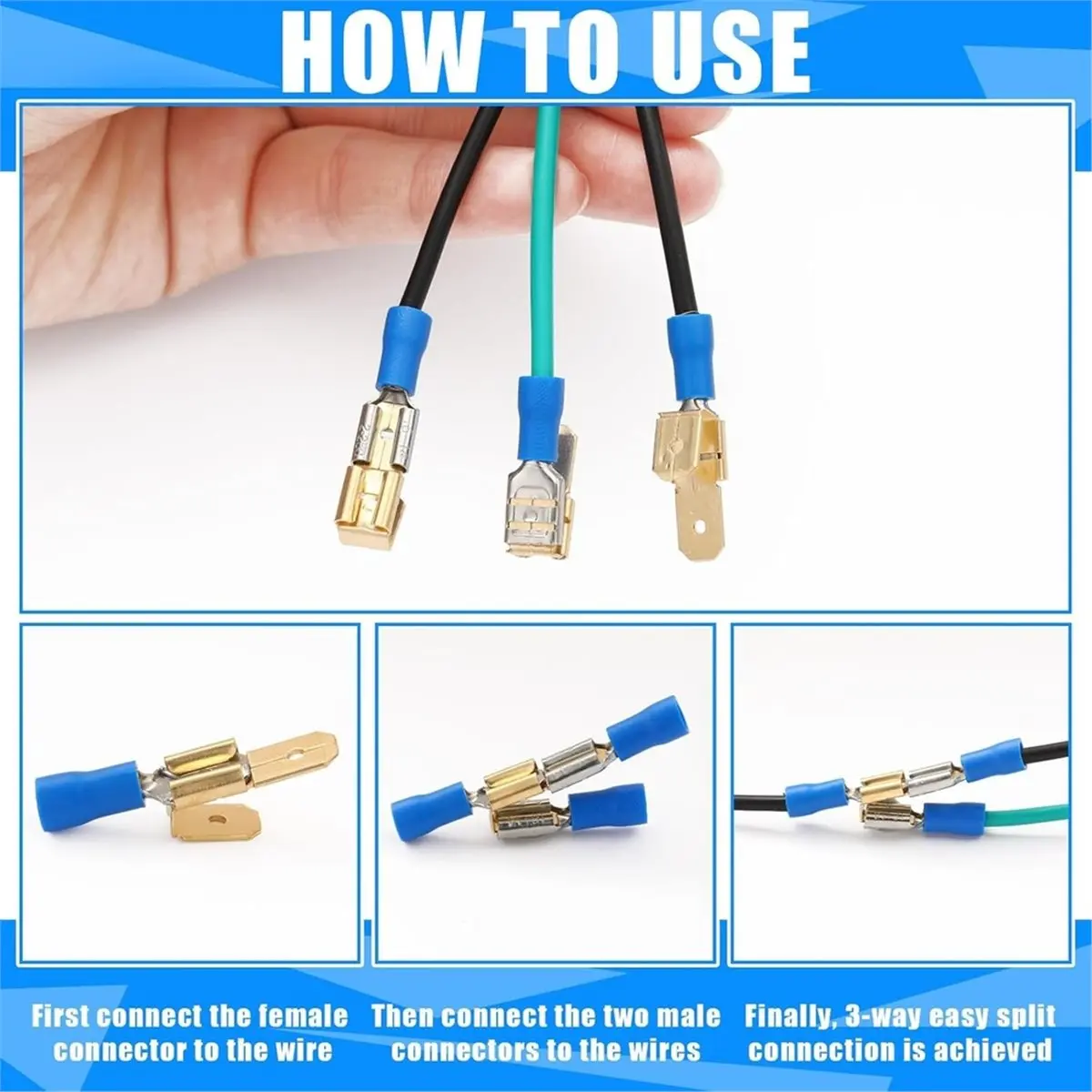 2026 New 50Pcs Piggyback Spade Connectors, 3 Way Adapter Dual Male to Single Female Brass Quick Splice Spade