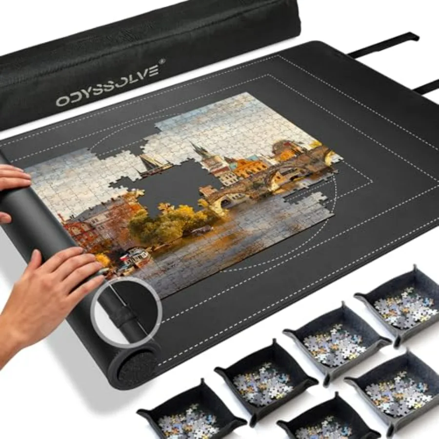 

Jigsaw Puzzle Mat Roll Up for 3000 Pieces Portable All-in-One Puzzle Mat 55 x 35.4 with Built-in Tube, Straps, 6 Sorting Trays,