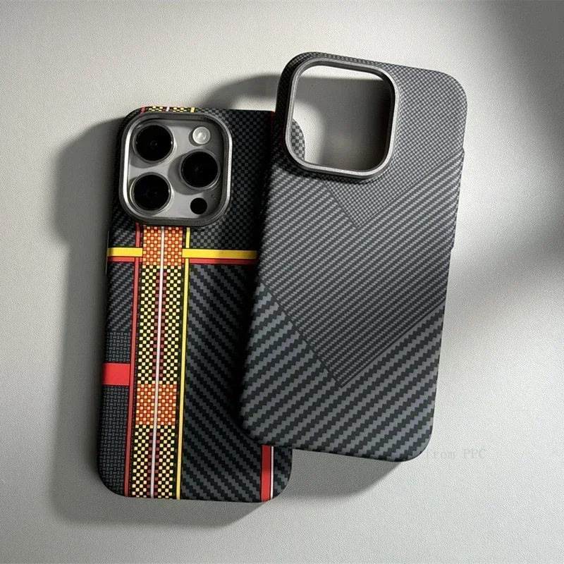 For iPhone 16 15 14 Pro Max Case Carbon Fiber Abstract Geometric MagSafe Cover Magnetic Charging Shell Camera Alloy Armor Fundas