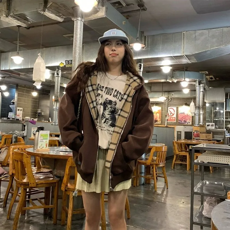 Women Vintage Zip Print Hoodies Harajuku Casual Oversized Splicing Plaid Loose Sweatshirt Medium Length Popular Cardigan Jacket