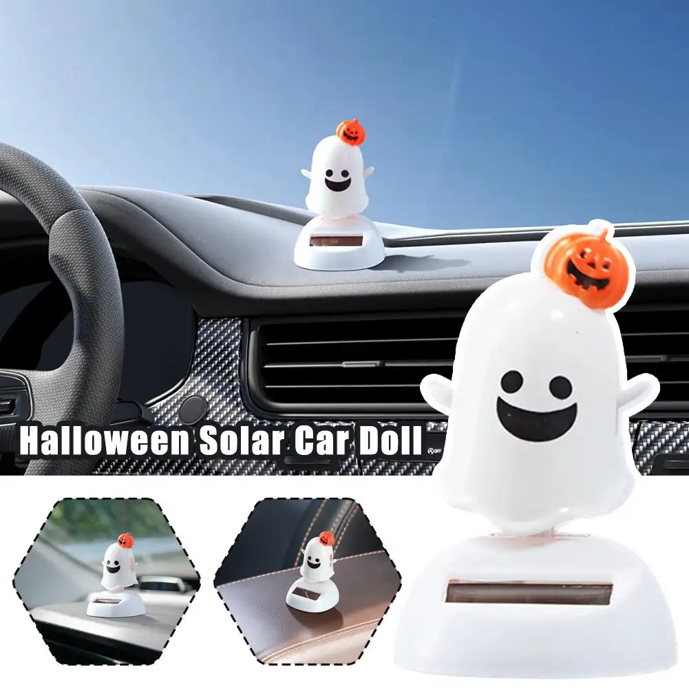 Halloween Solar Creative Swinging Head Doll White Pumpkin Ghost Car Ornaments Cartoon Ornaments Gifts For Children V7P1