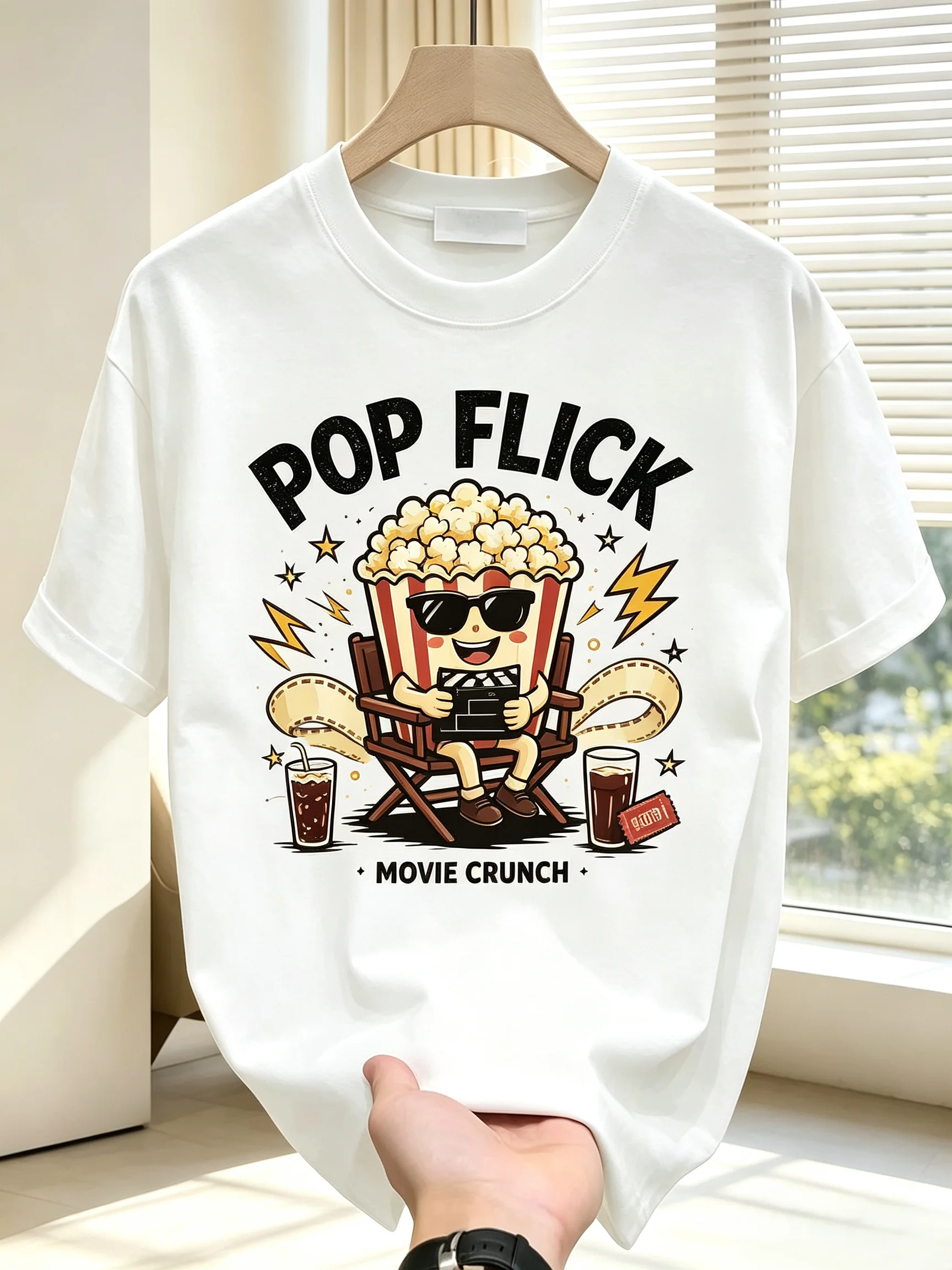 Unisex POP FLICK Cartoon Popcorn Movie Director Graphic T Shirt Men Women Movie Crunch Cinema Snack Print Short Sleeve White Casual Tee
