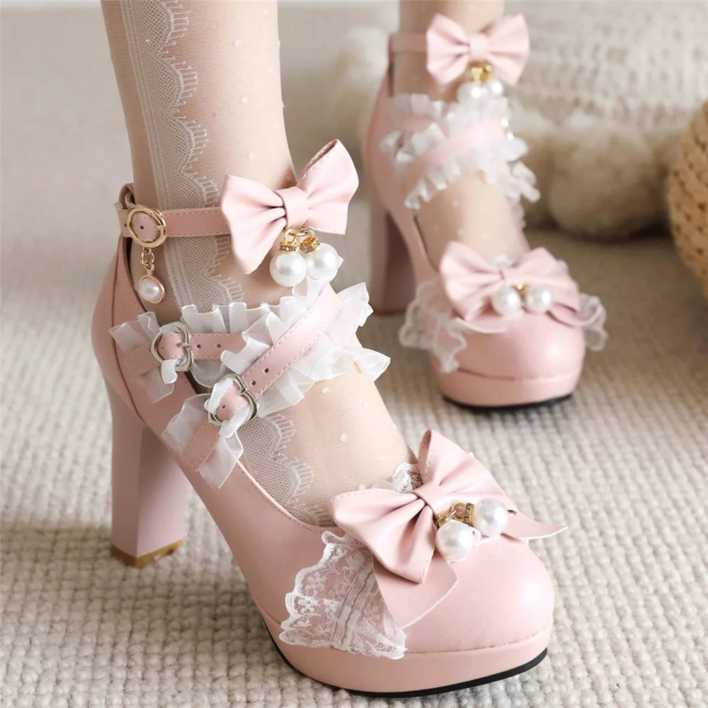 Lolita Japanese Pearl Bow Jk Sweet Cute Strap Super High Heeled Round Head Student Shoes Kawaii Girl Tea Party Cos Loli Vintage