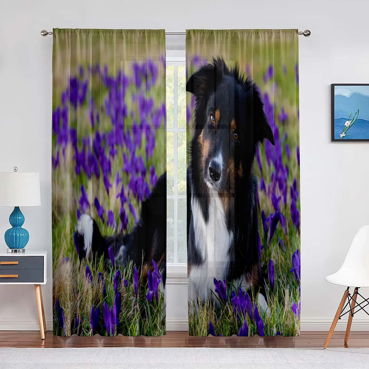 Dog Border Collie Puppy Purple Floral Sheer Voile Curtain for Living Room Cute Pet Chiffon Tulle Window Curtain Bedroom Decor