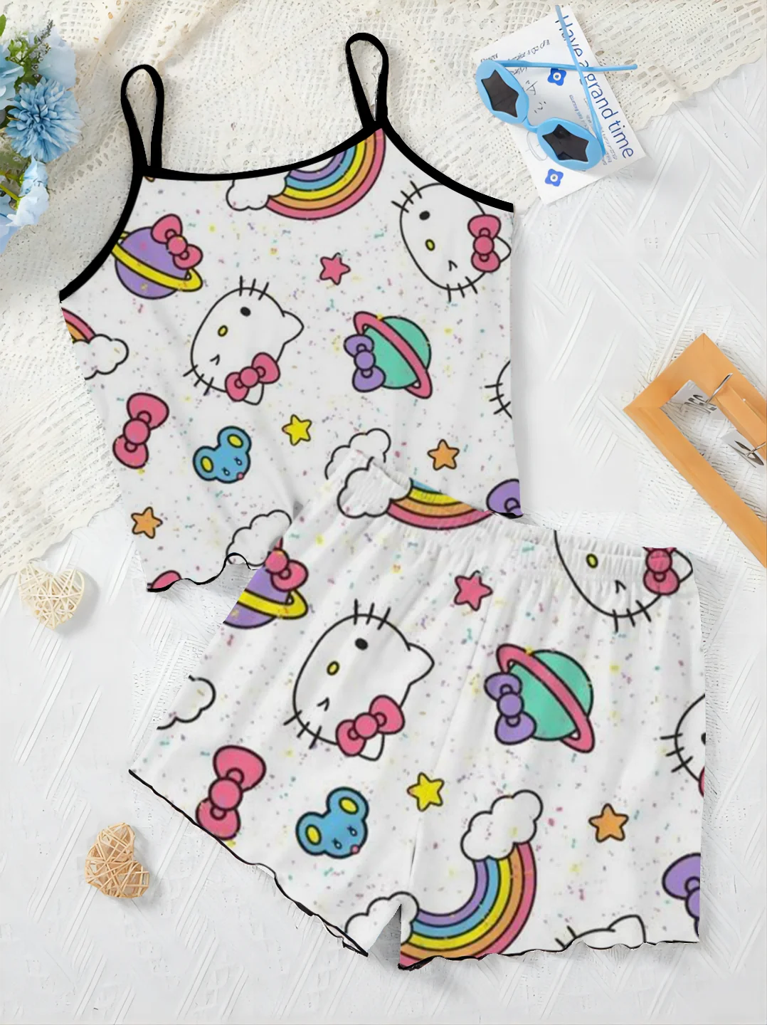 Top de vestido Hello Kitty para mulheres, camiseta e short, saia de pijama, roupas de calças, peças de alface, top elegante