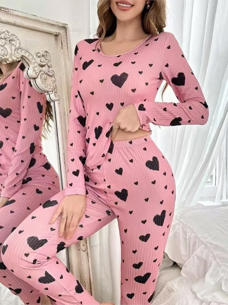 

Милые и милые женские пижамы, комплект из двух предметов, модные топы с круглым вырезом и длинными рукавами, длинные брюки, костюм, осенне-зимняя женская ночная рубашка, наряд
