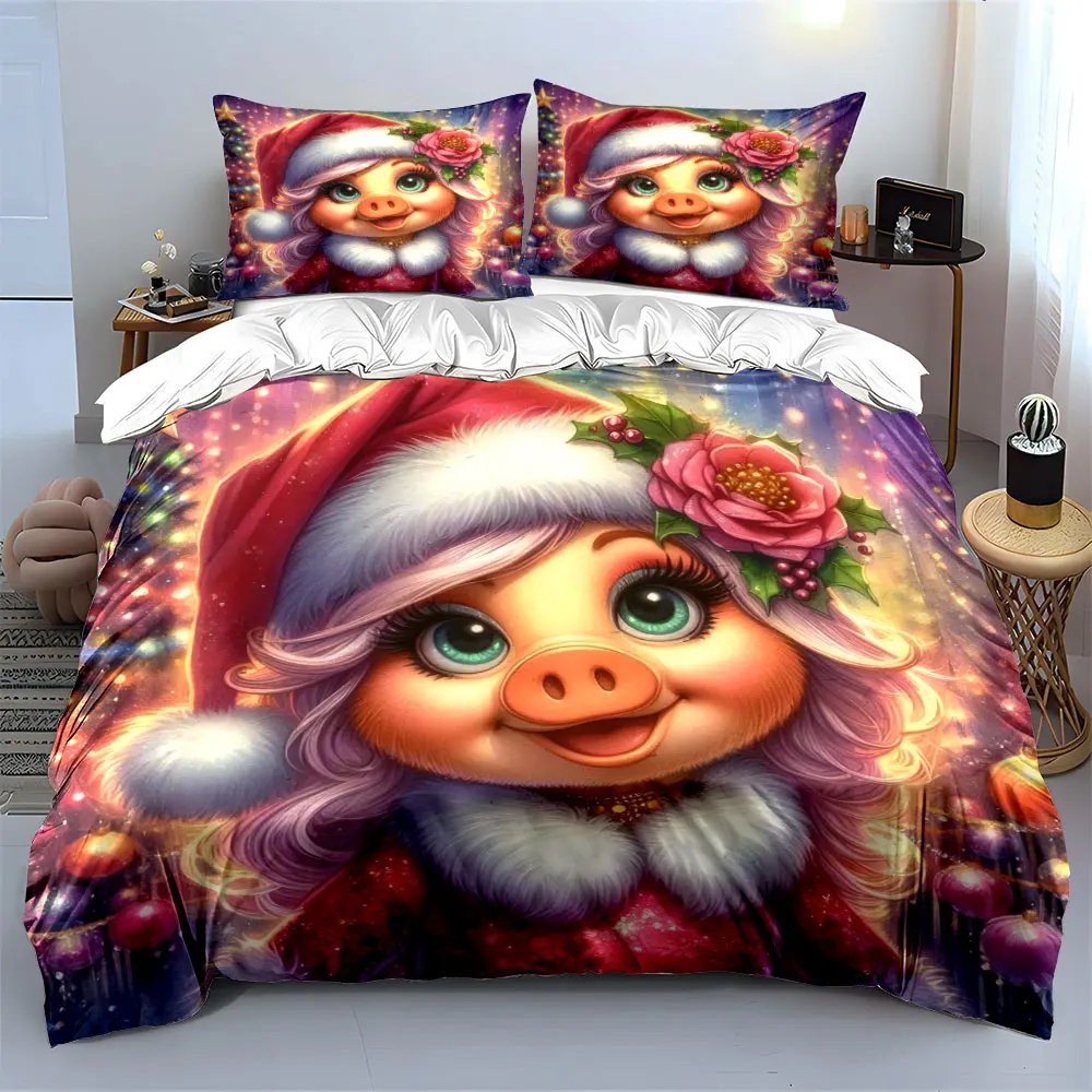 Adorable pink-haired pig lady in festive Christmas attire Print Duvet Cover Bedding Set Included 1*Duvet Cover 2*Pillowcases