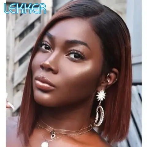 Lekker Ombre 다크 브라운 짧은 스트레이트 밥 여성용, 13x6x1 부분 레이스 프론트 인모 가발, 브라질 레미 헤어 착용, 12 인치 가발 Best5