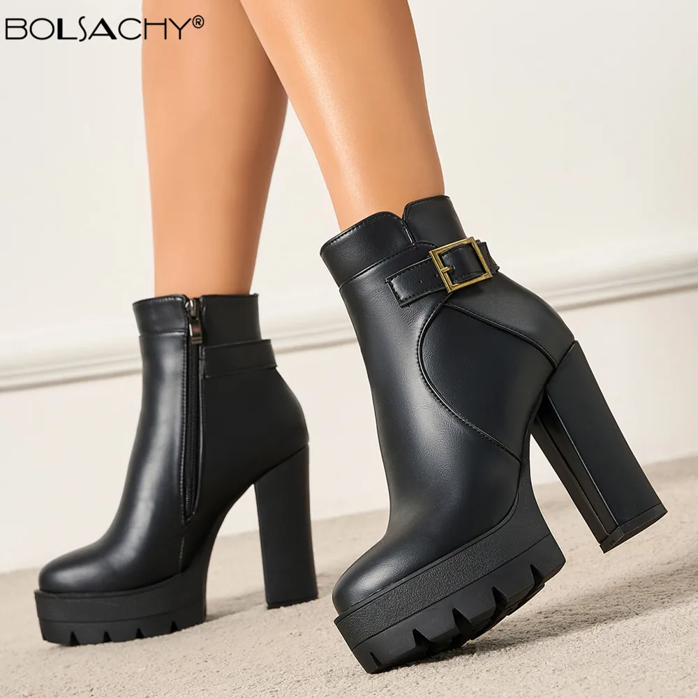 Sping Autumn Woman Platform Ankle Boots Black Brown PU Leather Shoes Female High Heels Boots Ladies Shoes For Party Big Size 43