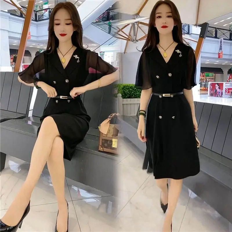 2023 Temperament Fashion Dress Women's Summer New Korean Version Slim Bat Sleeve Panel Mesh Suit Dress Trend