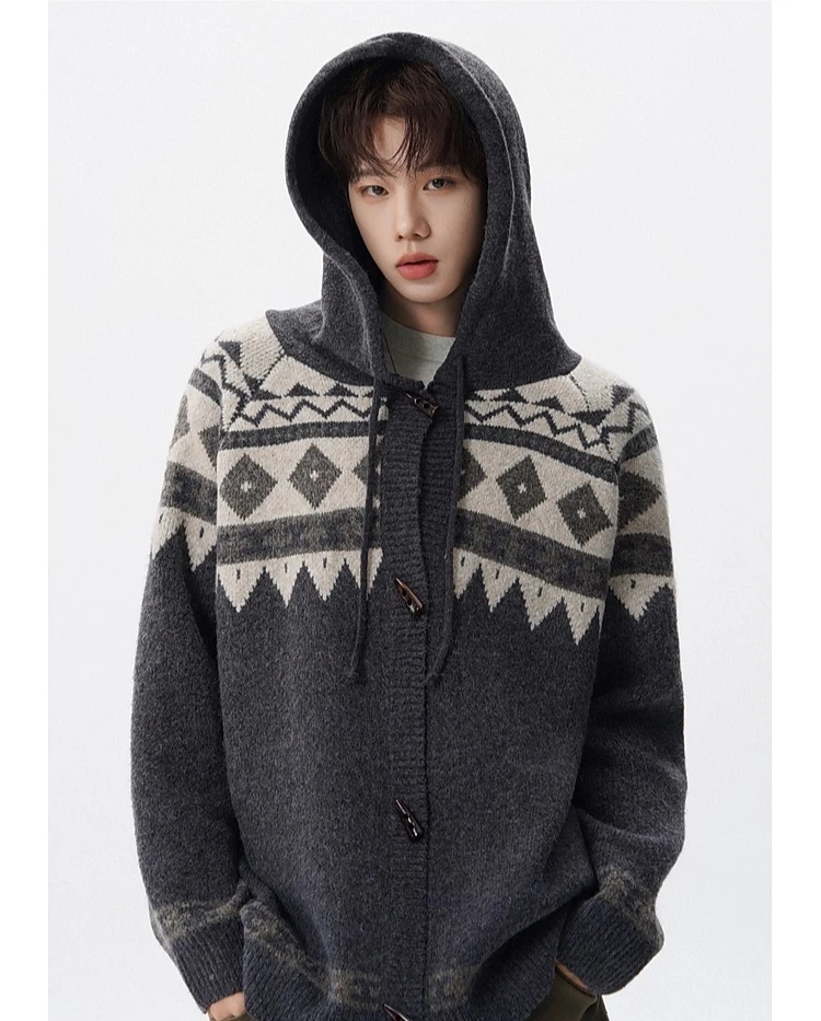2025 Autumn and Winter New Hot Sale Men's Retro Jacquard Loose Casual Daily Gray Horn Button Hooded Knitted Cardigan