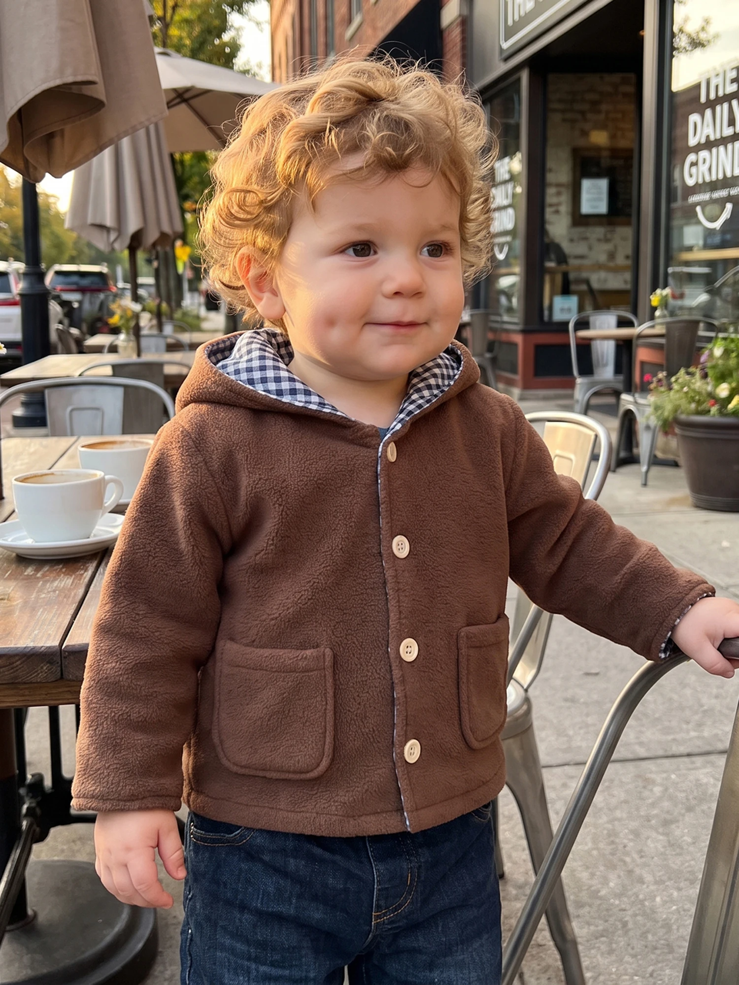 Button Toddler Boy Fleece Up Warm Coat Fleece Lining Button Boy Lining-Button-Up Jacket Plaid Lining Premium