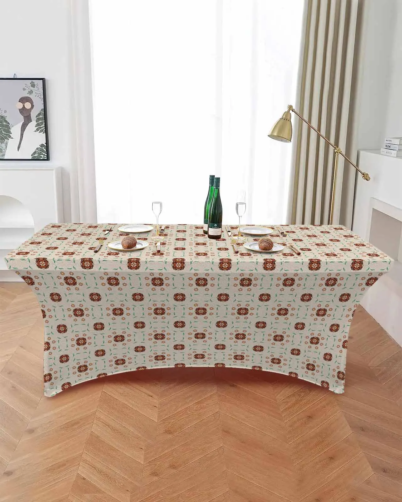 Abstract Lines Flower Retro Leaf Elastic Table Skirt Wedding Hotel Birthday Table Cover Buffet Table Tablecloth Decor