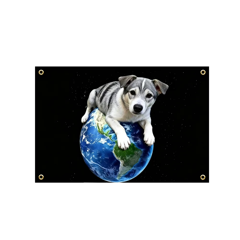 

Cute Puppy Hugging Earth Space Tapestry 2x3ft 3x5ft Lovely Dog Planet Aesthetic Room Wall Decor Banner