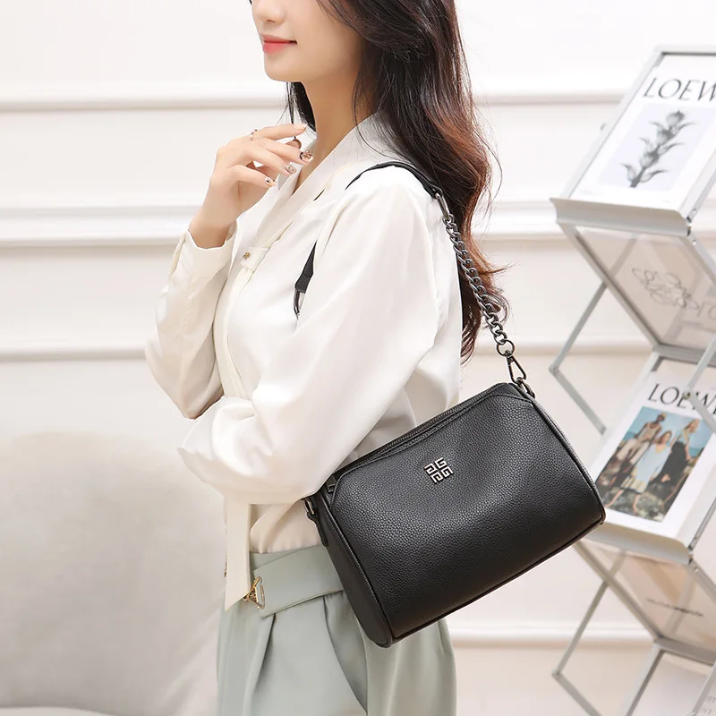 Texture Crossbody Bag For Women Multi Zipper Pocket Metal Logo Adjustable Wide Strap Casual Daily Shoulder Purse