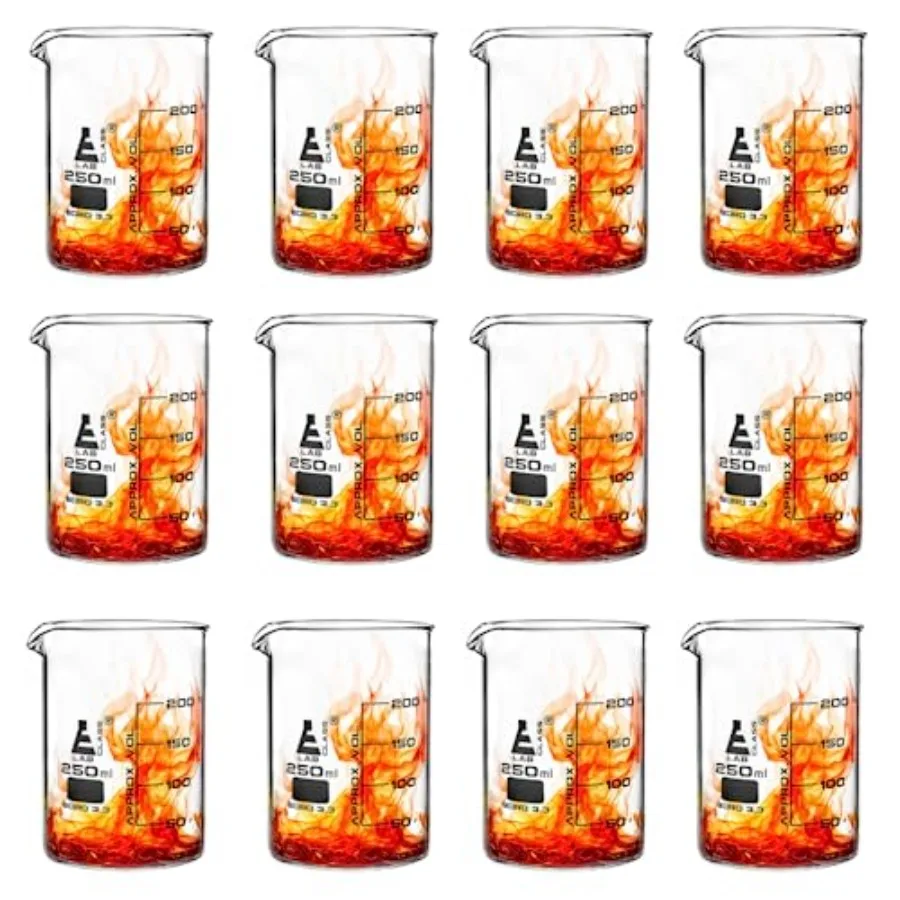 

Premium 250 mL Beakers Pack of 12 - Low Form Griffin - 50mL Graduations - Borosilicate Glass - Excellent Strength Against Break