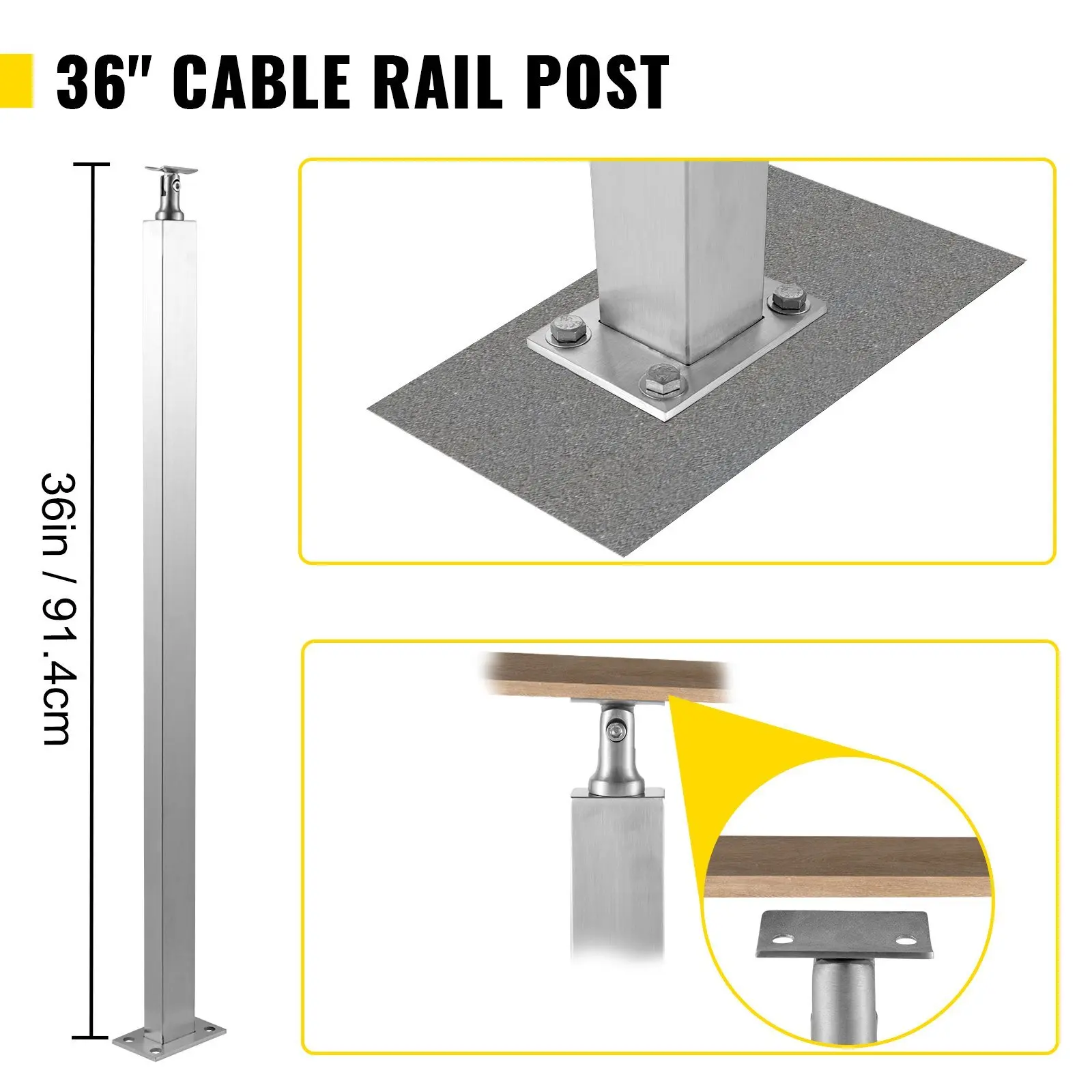 Kabelgeländer, Pfosten, Stufe, Deck, Treppenpfosten, 36 x 1,97 x 1,97 Zoll, Kabel-Handlaufpfosten, Edelstahl-Drahtzieh-Deckgeländer